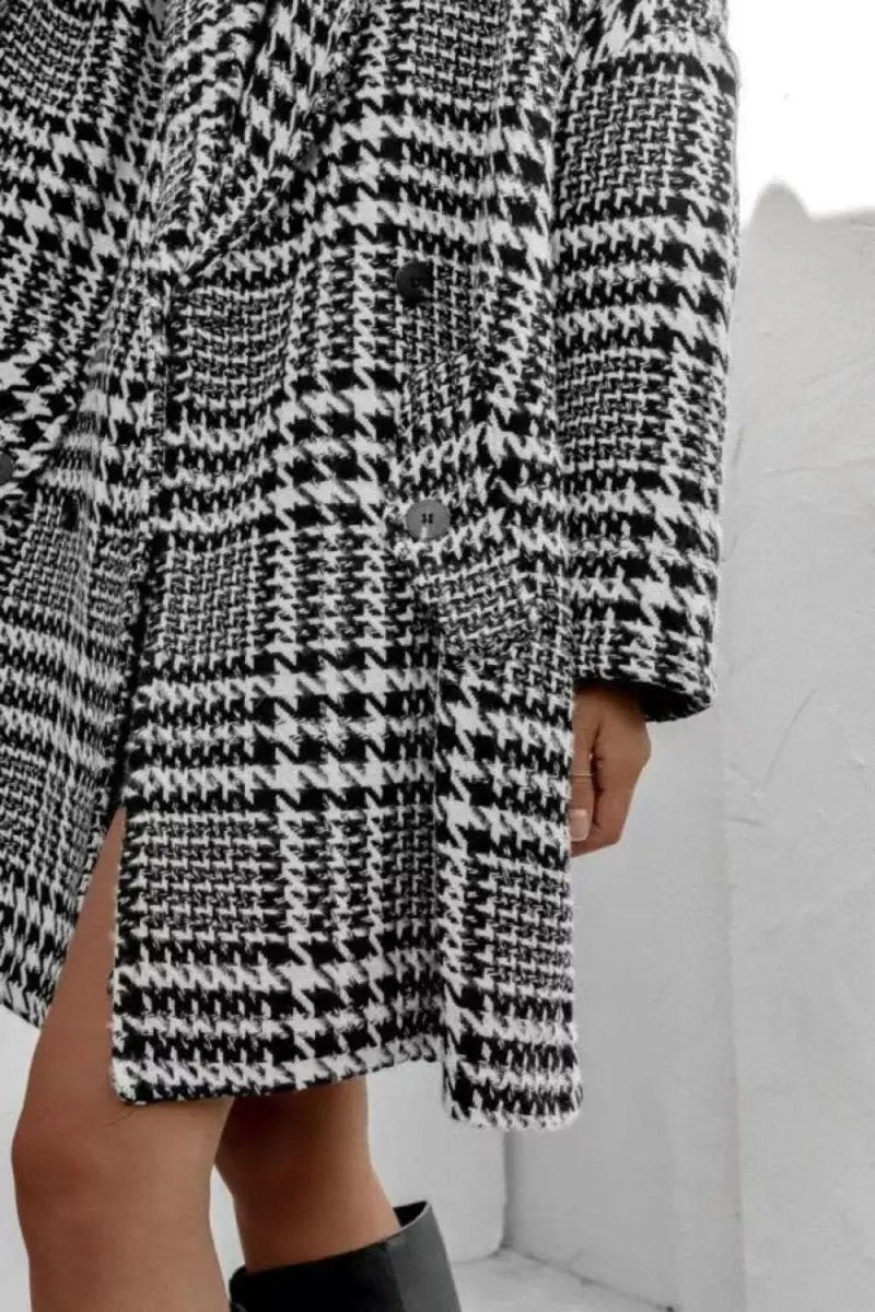 Houndstooth Collared Neck Long Sleeve Coat with Pockets - Love Salve